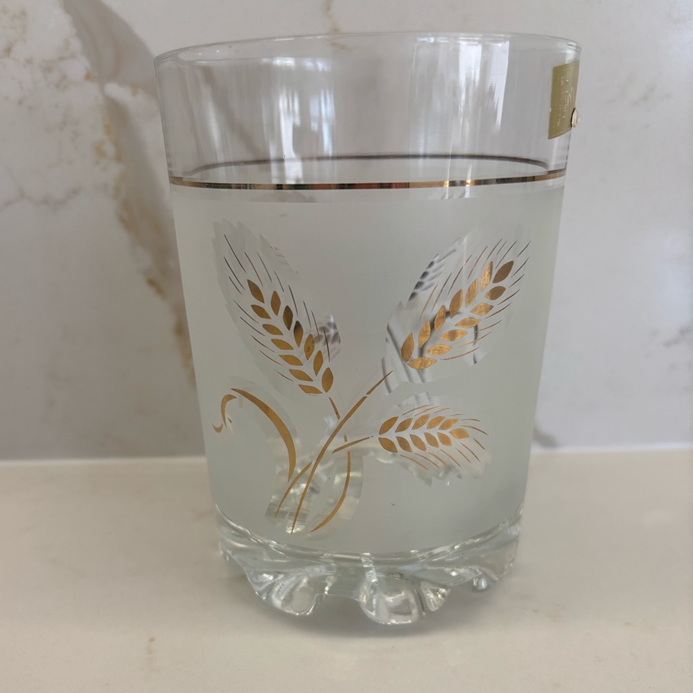 Vintage Frosted MCM Glass Ice Bucket Gold Wheat Sheafs Original Sticker Etoile